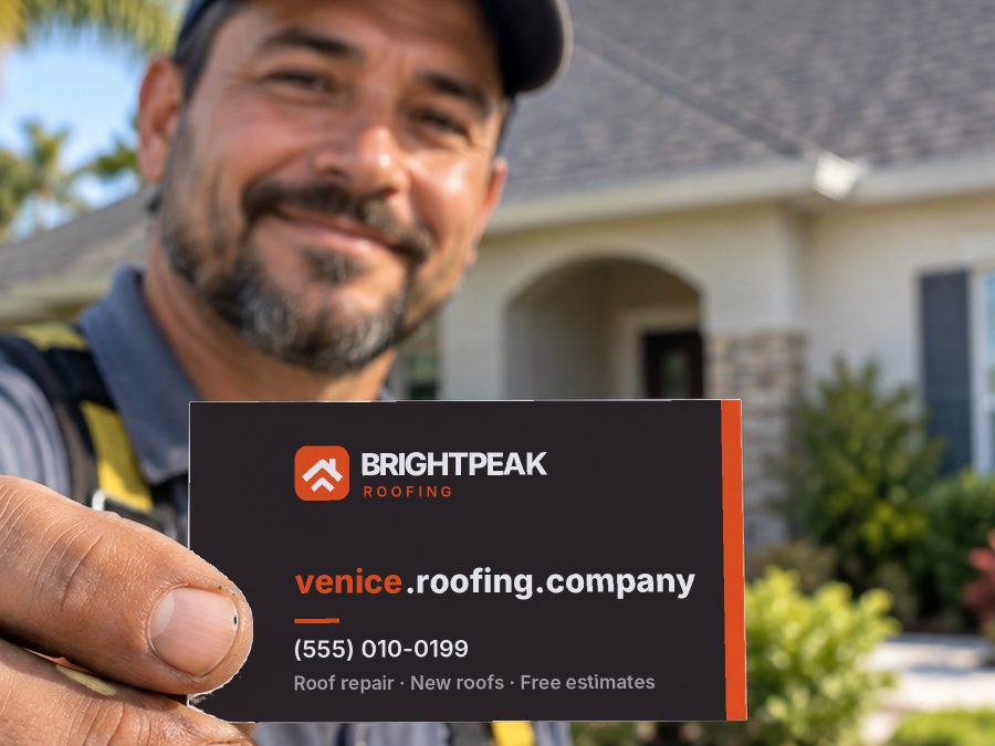 venice.roofing.company on a roofer's business card