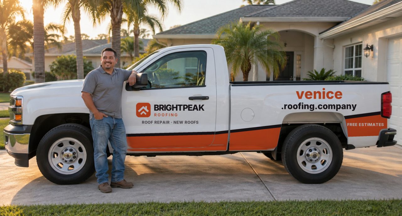 venice.roofing.company painted on the side of a white work truck