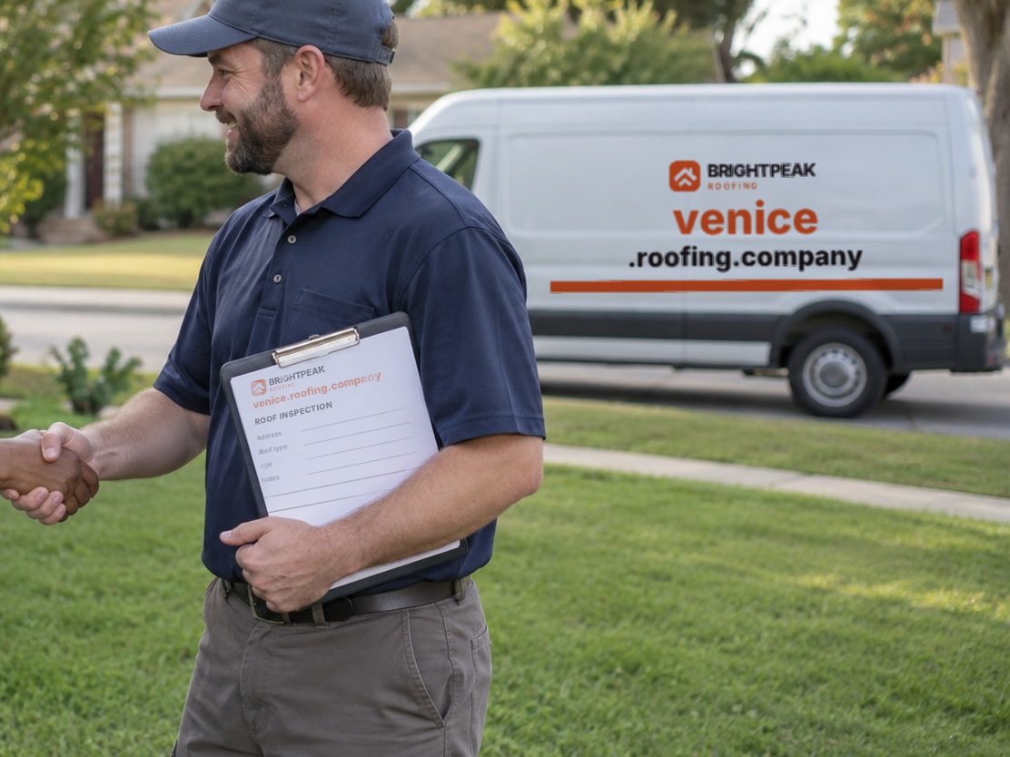 venice.roofing.company on a roofing van and an inspection form